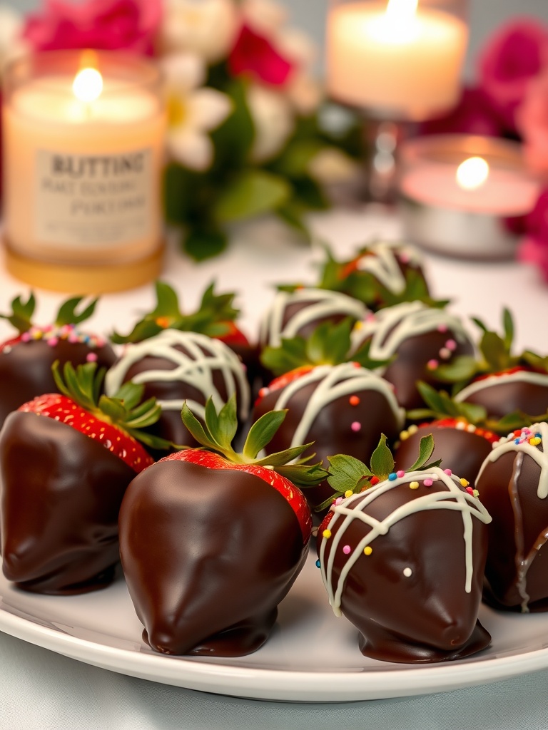 Decadent Chocolate Covered Strawberries Recipe A tempting display of chocolate covered strawberries with white chocolate drizzle and sprinkles on a decorative plate.